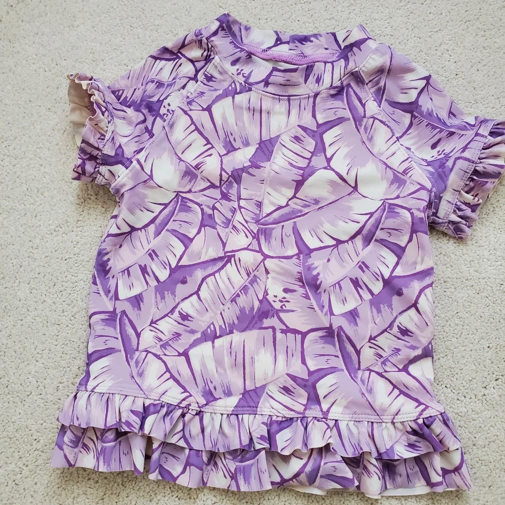 Janie and Jack Palm Girls Purple Leaf Ruffle Trim Rash Guard Swim Top sz6